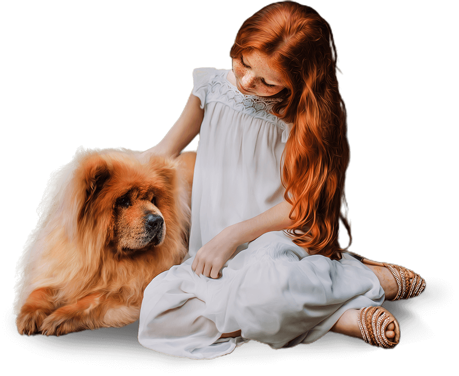 a girl in white dress with a big cute dog